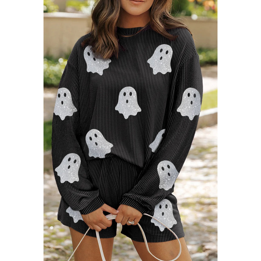 Glitter Ghost Round Neck Long Sleeve Top and Shorts Set Black / S Apparel and Accessories