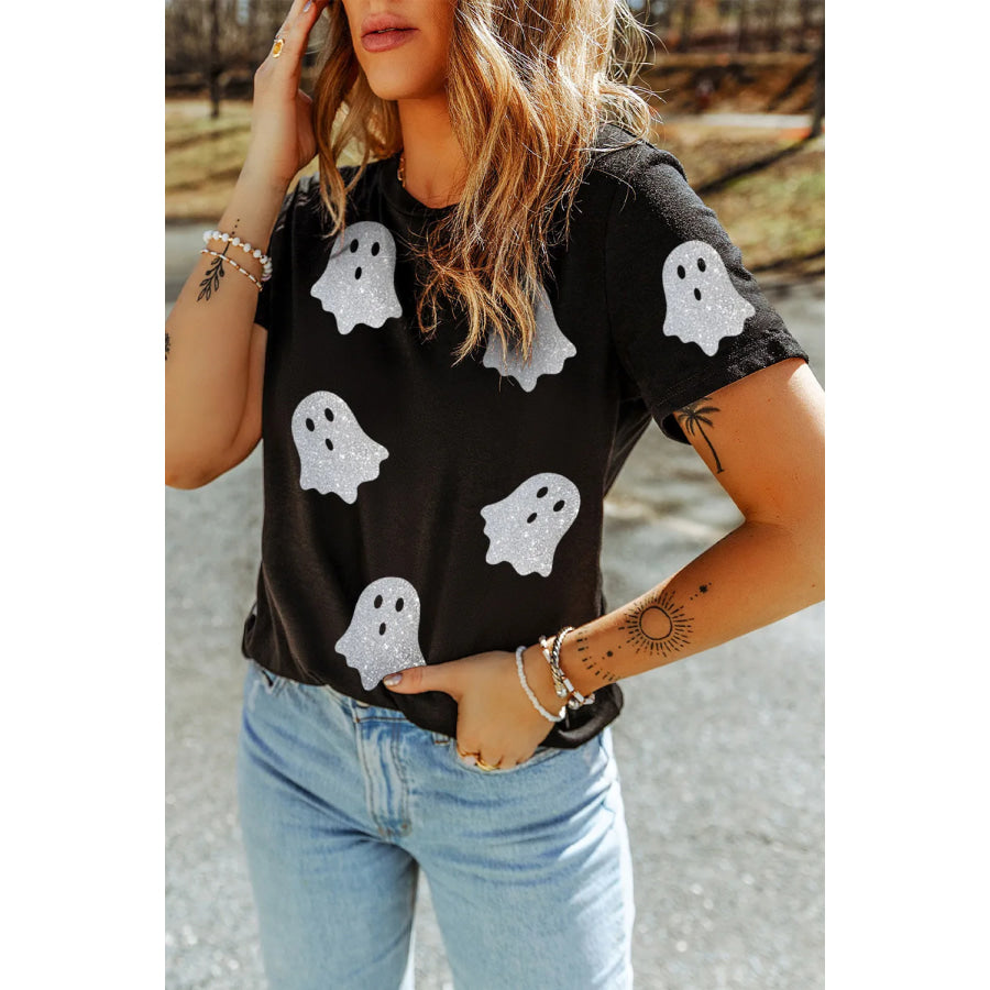 Glitter Ghost Round Neck Short Sleeve T-Shirt Apparel and Accessories