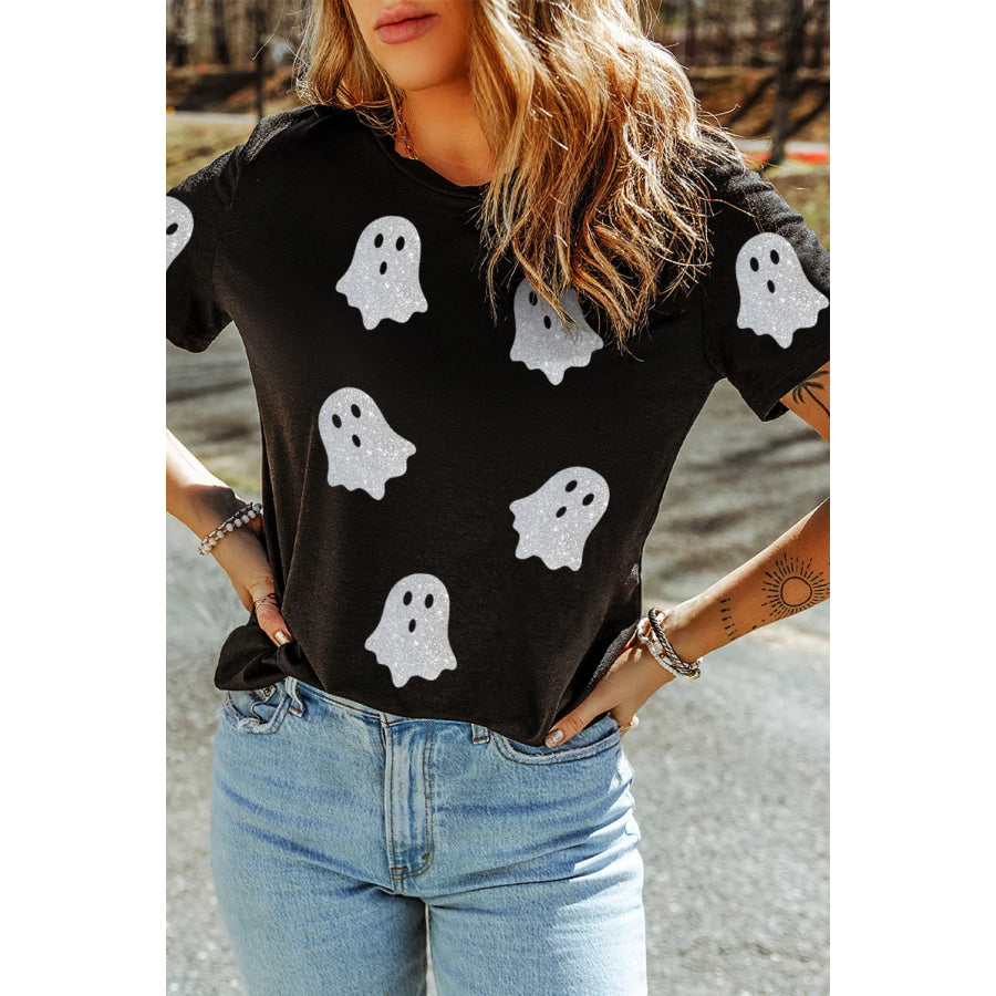 Glitter Ghost Round Neck Short Sleeve T-Shirt Apparel and Accessories