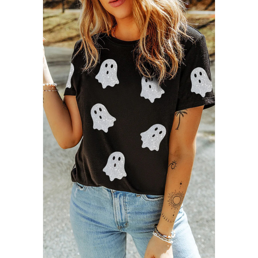 Glitter Ghost Round Neck Short Sleeve T-Shirt Black / S Apparel and Accessories