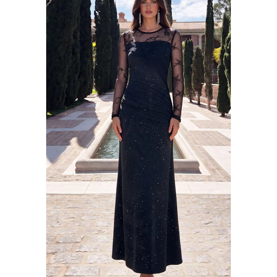 Glitter Mesh Long Sleeve Maxi Dress Apparel and Accessories
