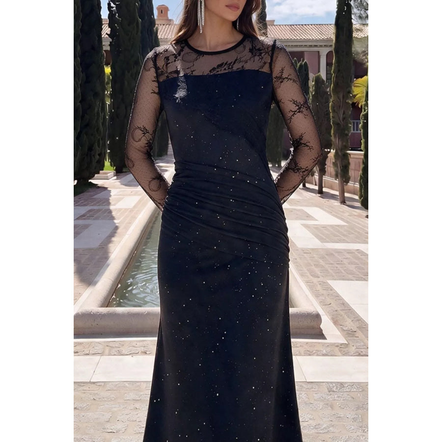 Glitter Mesh Long Sleeve Maxi Dress Apparel and Accessories