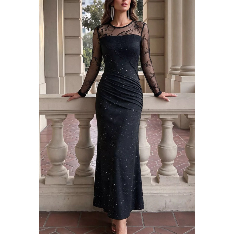 Glitter Mesh Long Sleeve Maxi Dress Apparel and Accessories