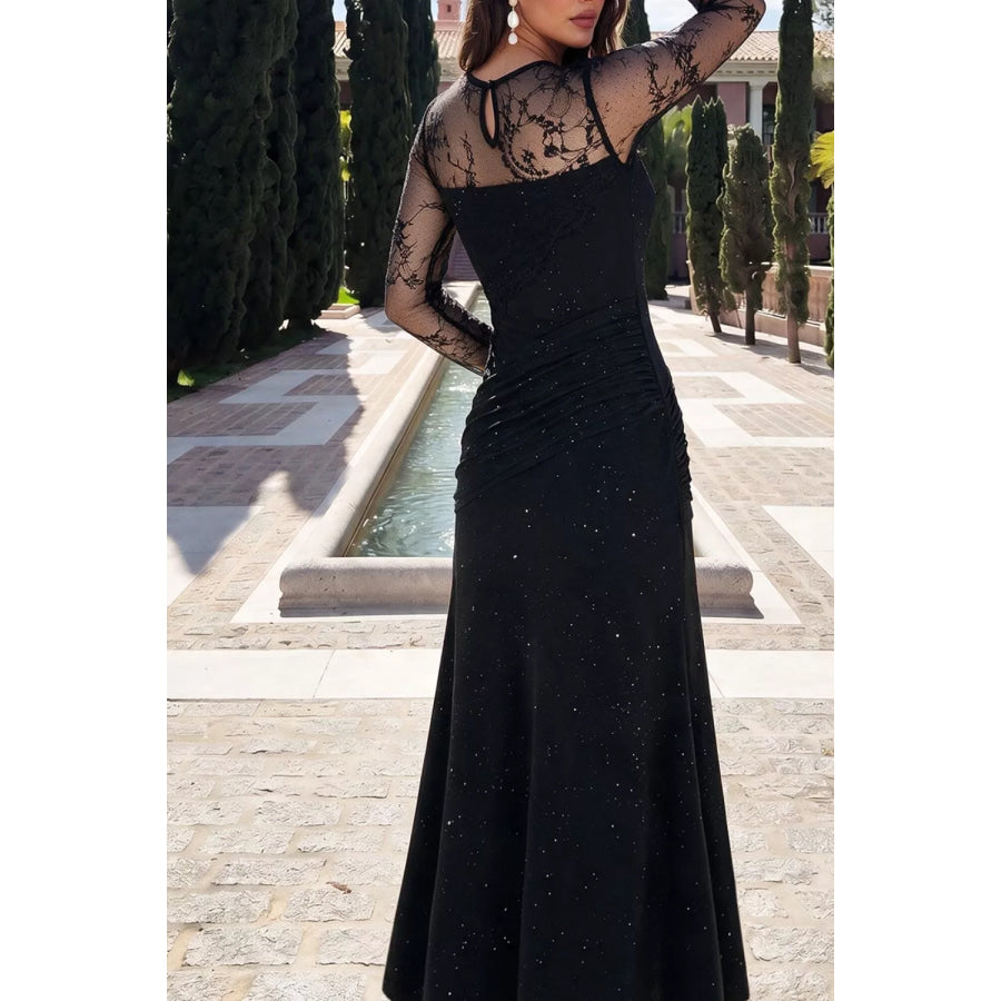 Glitter Mesh Long Sleeve Maxi Dress Apparel and Accessories