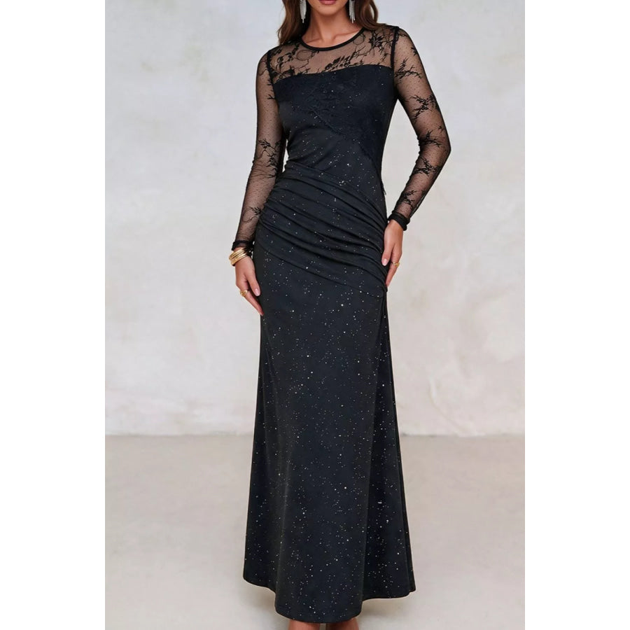 Glitter Mesh Long Sleeve Maxi Dress Black / S Apparel and Accessories