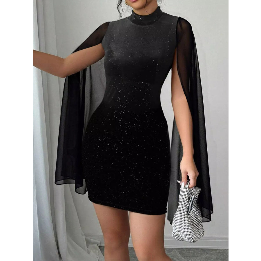 Glitter Mesh Slit Sleeve Bodycon Mini Dress Apparel and Accessories