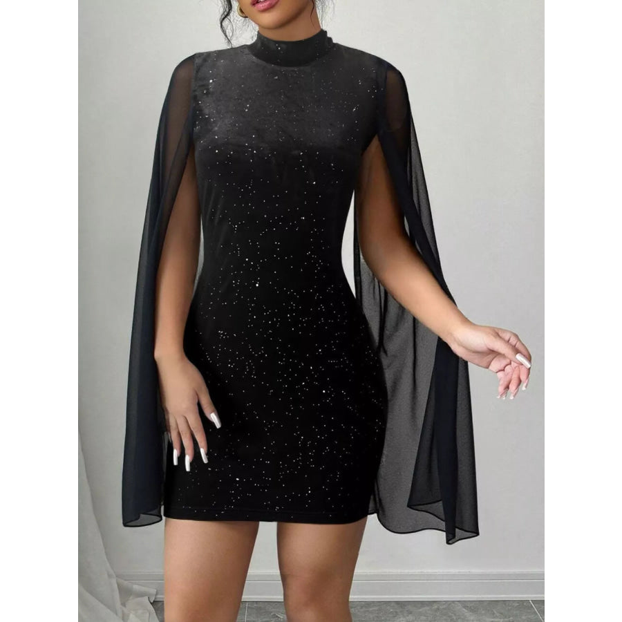 Glitter Mesh Slit Sleeve Bodycon Mini Dress Black / S Apparel and Accessories