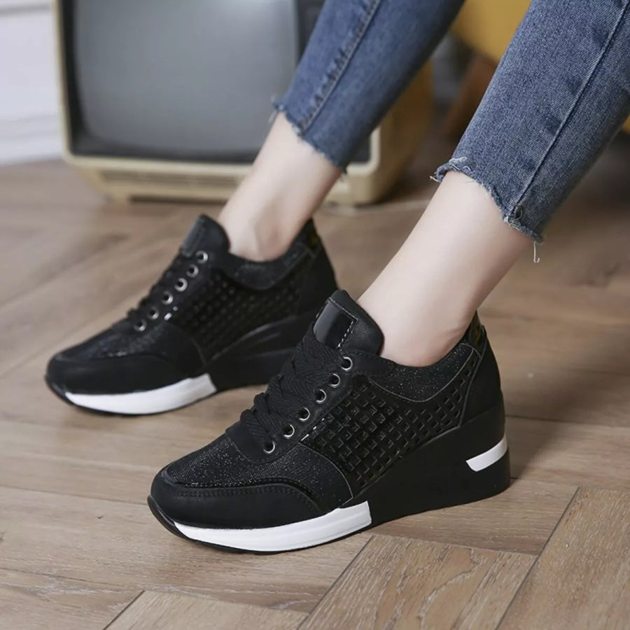 Glitter Mesh Wedge Sneakers with Height-Increasing Sole Black / 36 Apparel and Accessories