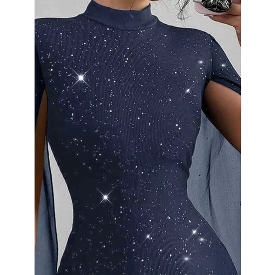 Glitter Mock Neck Cape-Sleeve Bodycon Mini Dress Apparel and Accessories