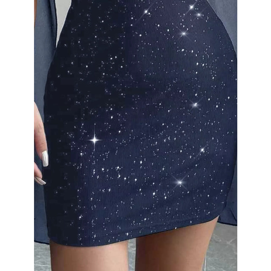 Glitter Mock Neck Cape-Sleeve Bodycon Mini Dress Apparel and Accessories
