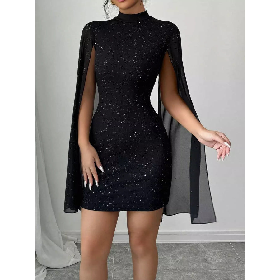 Glitter Mock Neck Cape-Sleeve Bodycon Mini Dress Black / XS Apparel and Accessories