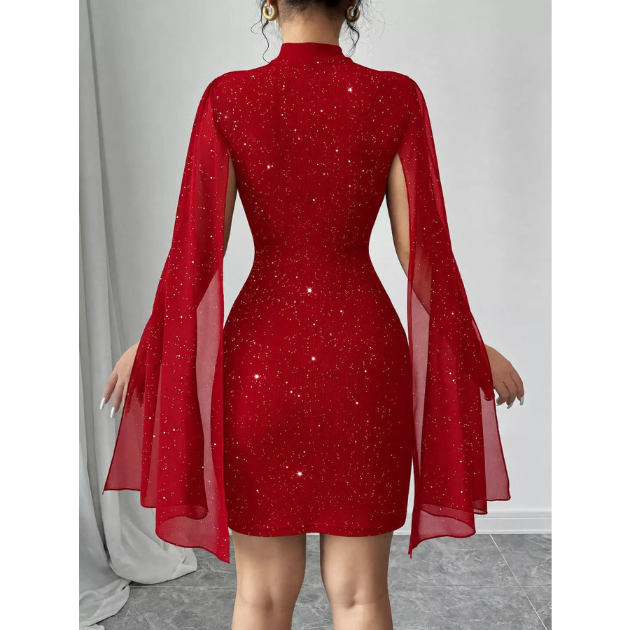 Glitter Mock Neck Cape-Sleeve Bodycon Mini Dress Apparel and Accessories