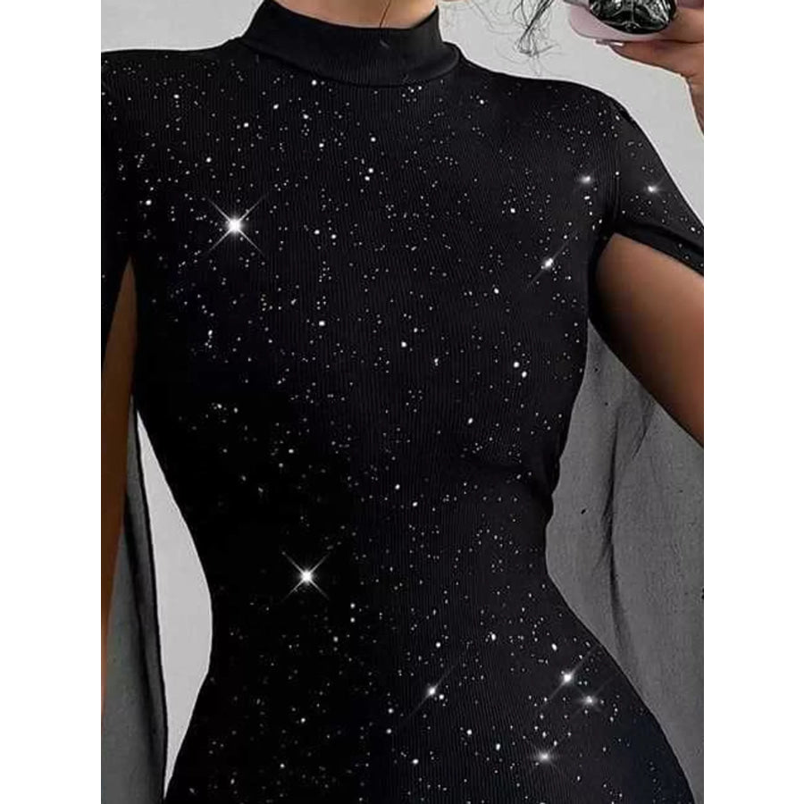 Glitter Mock Neck Cape-Sleeve Bodycon Mini Dress Apparel and Accessories
