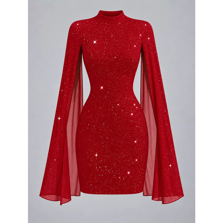 Glitter Mock Neck Cape-Sleeve Bodycon Mini Dress Apparel and Accessories