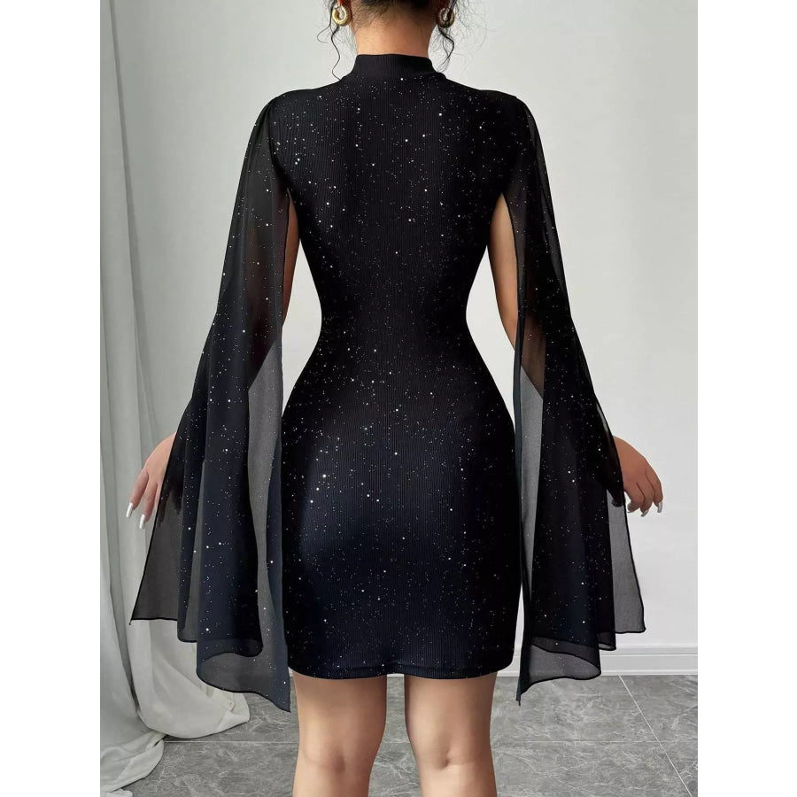 Glitter Mock Neck Cape-Sleeve Bodycon Mini Dress Apparel and Accessories