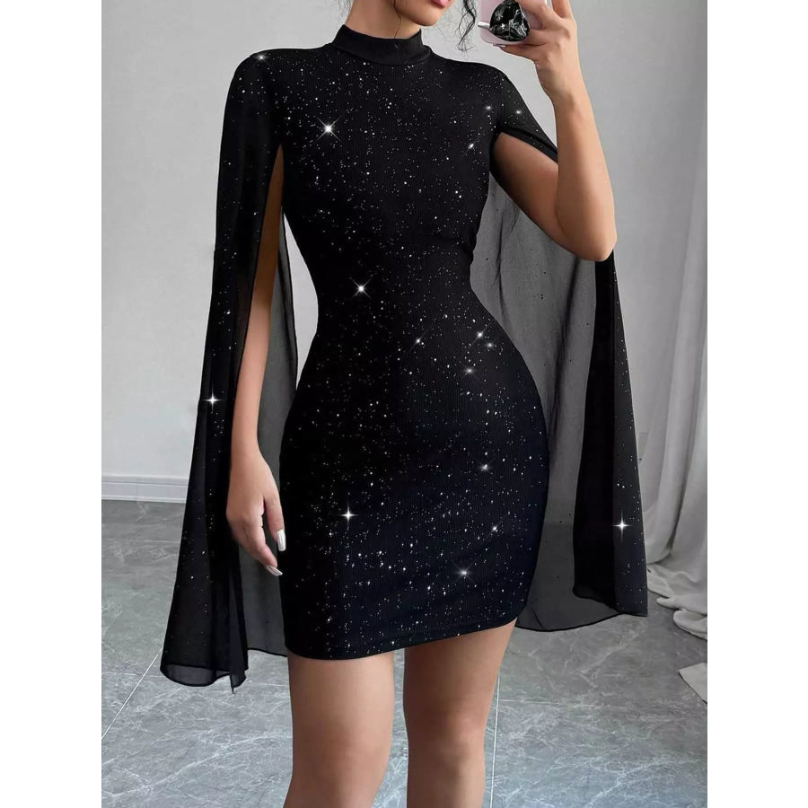 Glitter Mock Neck Cape-Sleeve Bodycon Mini Dress Black / XS Apparel and Accessories
