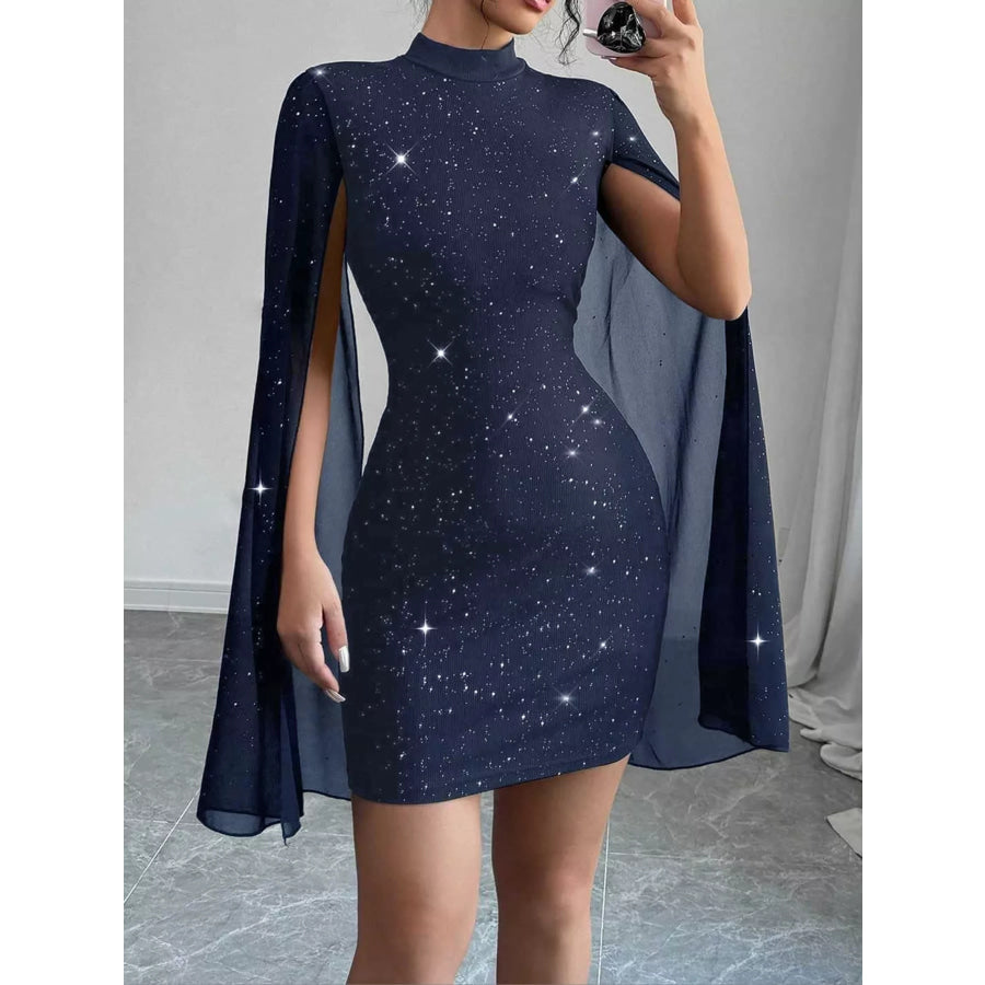 Glitter Mock Neck Cape-Sleeve Bodycon Mini Dress Blue / XS Apparel and Accessories