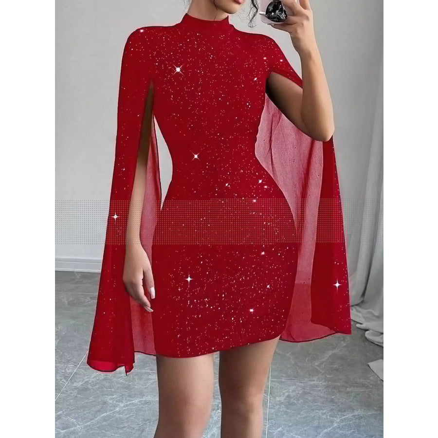 Glitter Mock Neck Cape-Sleeve Bodycon Mini Dress Red / XS Apparel and Accessories