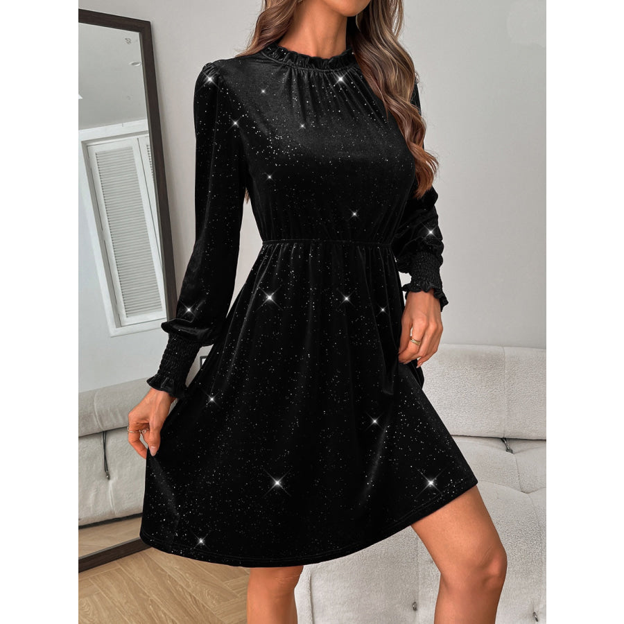 Glitter Mock Neck Long Sleeve Mini Dress Black / S Apparel and Accessories