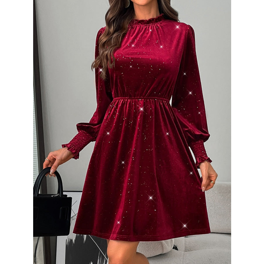 Glitter Mock Neck Long Sleeve Mini Dress Burgundy / S Apparel and Accessories