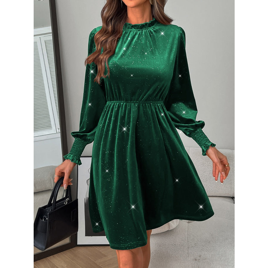 Glitter Mock Neck Long Sleeve Mini Dress Dark Green / S Apparel and Accessories