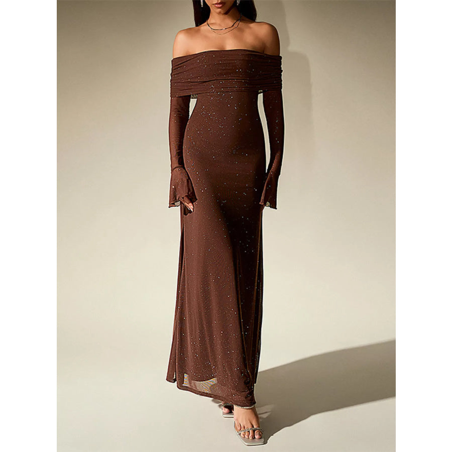 Glitter Off-Shoulder Maxi Dress Dark Brown / XS Apparel and Accessories