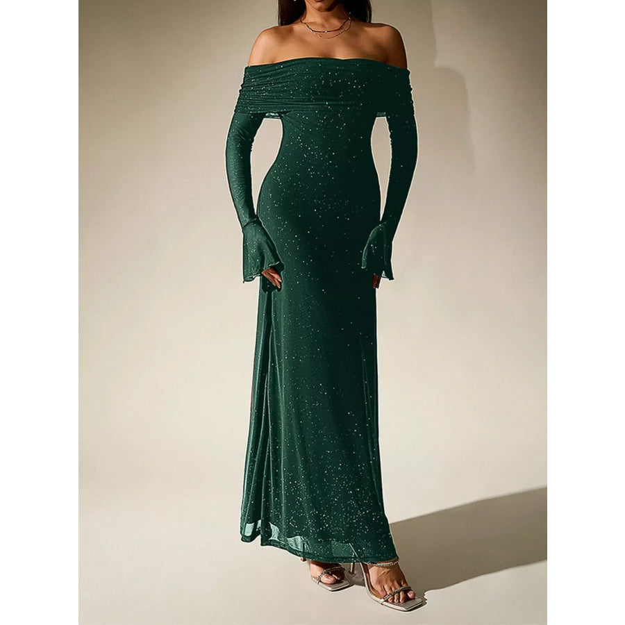 Glitter Off-Shoulder Maxi Dress Dark Green / XS Apparel and Accessories