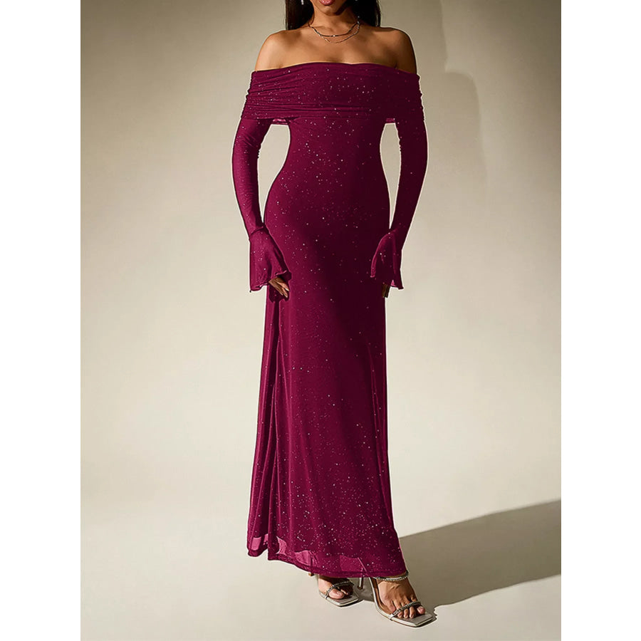 Glitter Off-Shoulder Maxi Dress Dark Red / XS Apparel and Accessories
