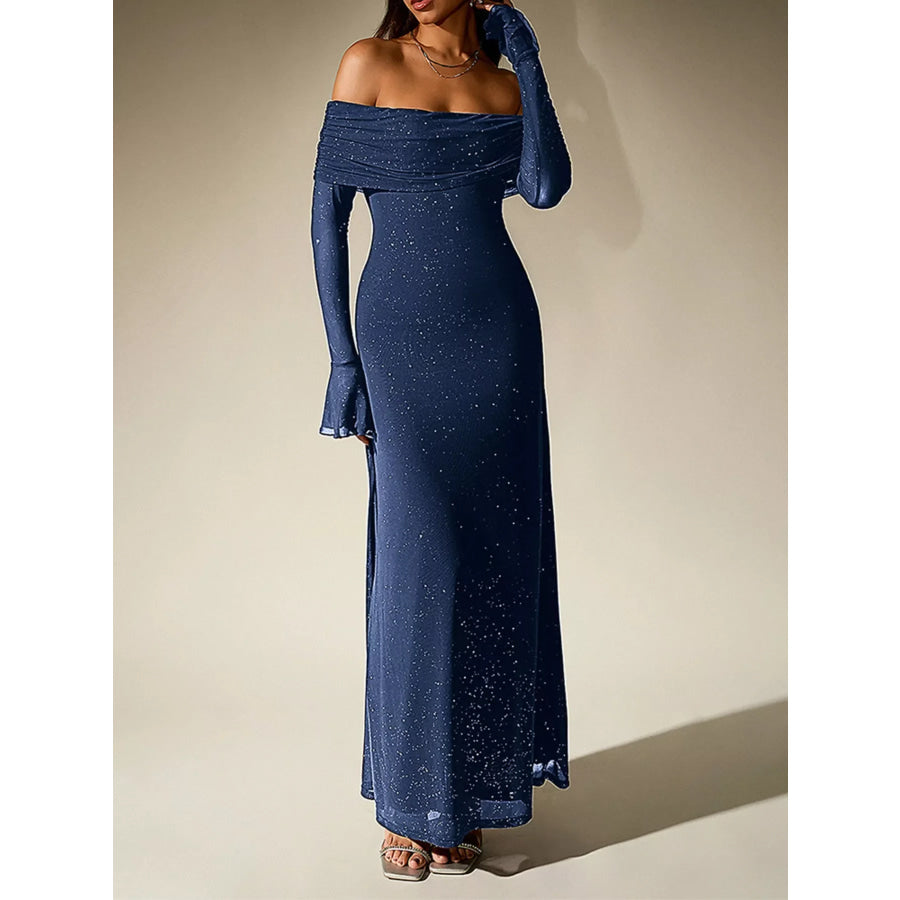 Glitter Off-Shoulder Maxi Dress Navy Blue / XS Apparel and Accessories