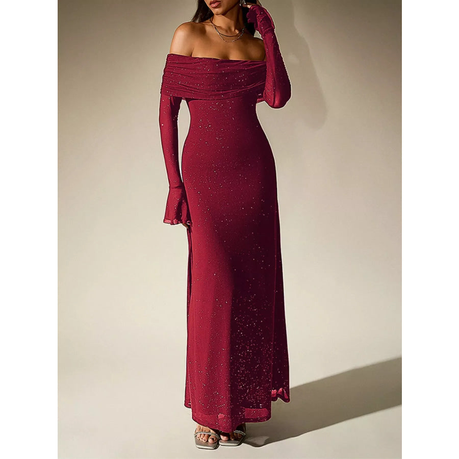 Glitter Off-Shoulder Maxi Dress Wine Red / XS Apparel and Accessories