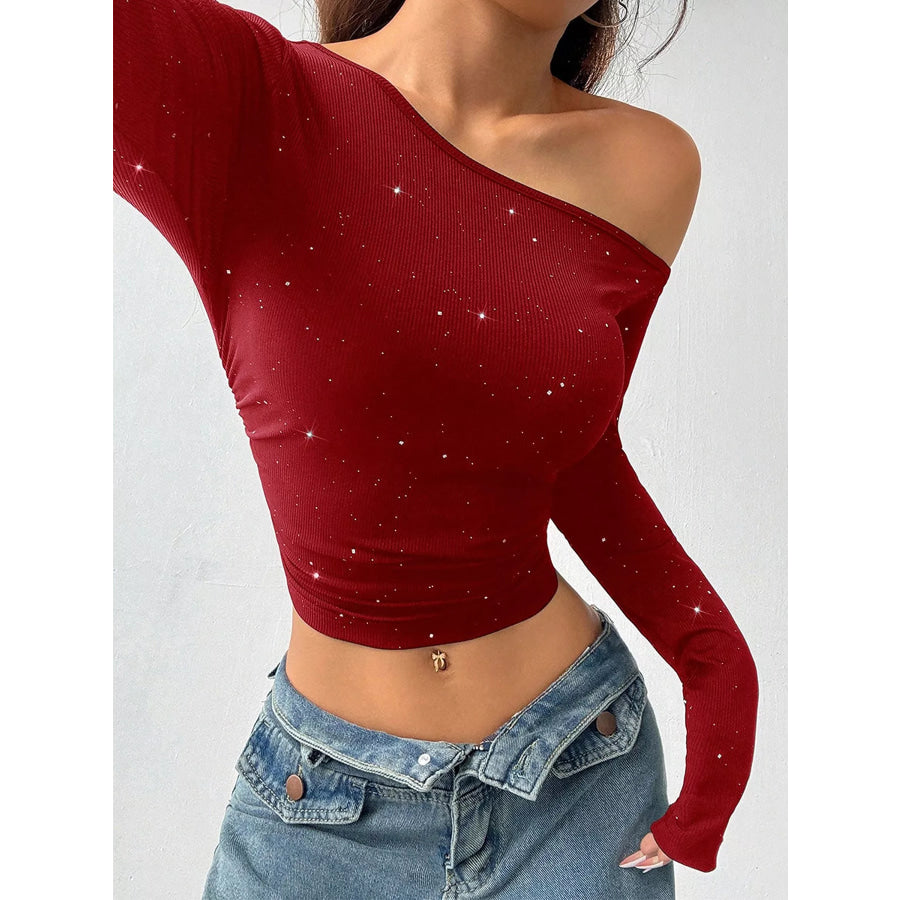 Glitter One-Shoulder Long Sleeve Crop T-Shirt Apparel and Accessories