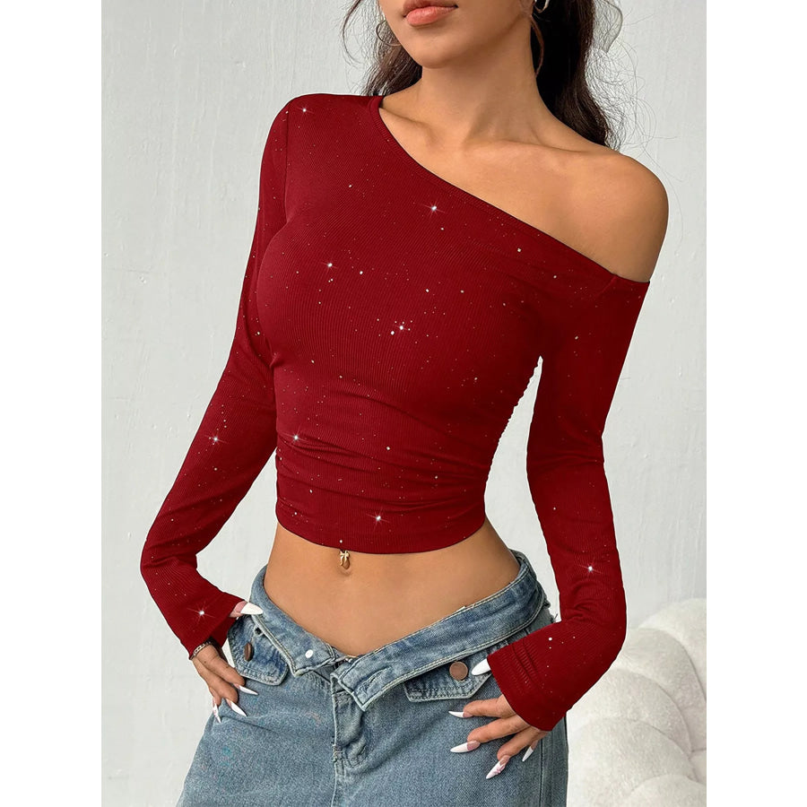 Glitter One-Shoulder Long Sleeve Crop T-Shirt Apparel and Accessories