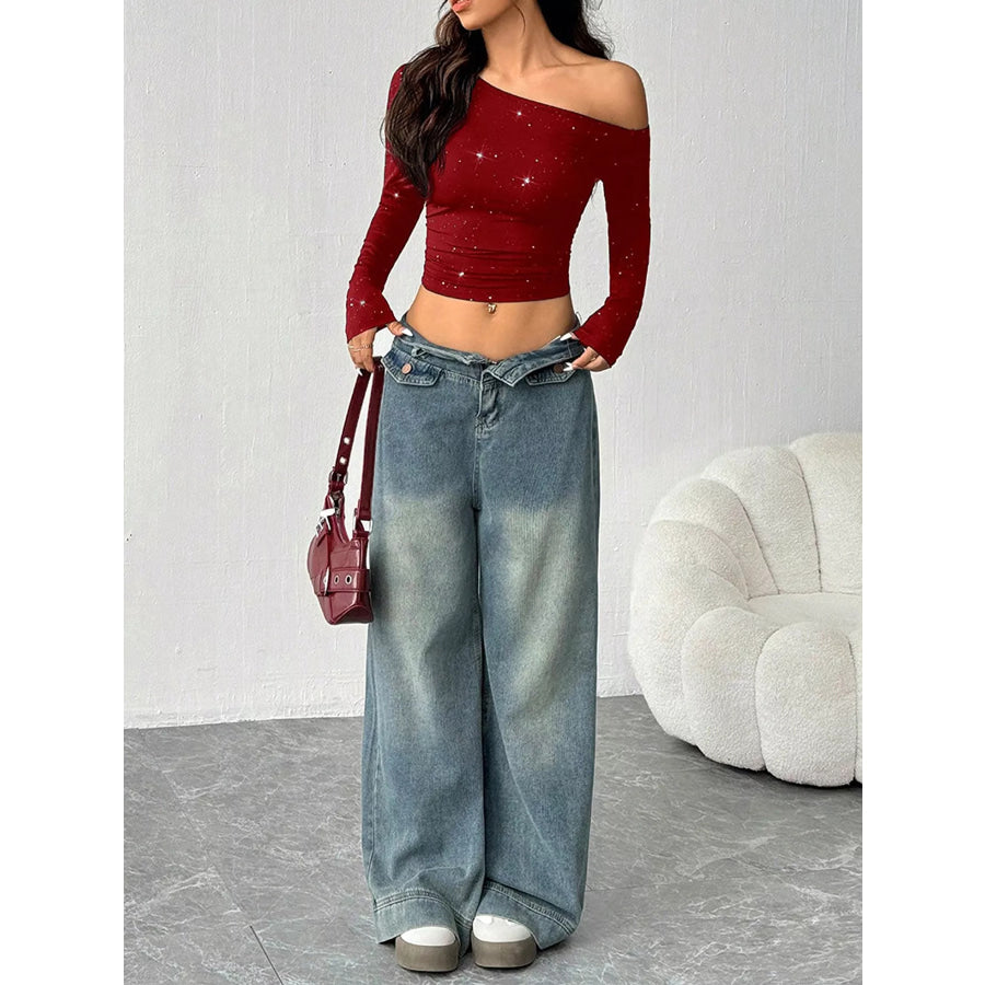 Glitter One-Shoulder Long Sleeve Crop T-Shirt Apparel and Accessories