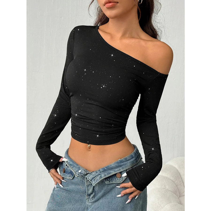 Glitter One-Shoulder Long Sleeve Crop T-Shirt Apparel and Accessories