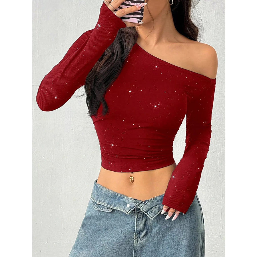 Glitter One-Shoulder Long Sleeve Crop T-Shirt Apparel and Accessories