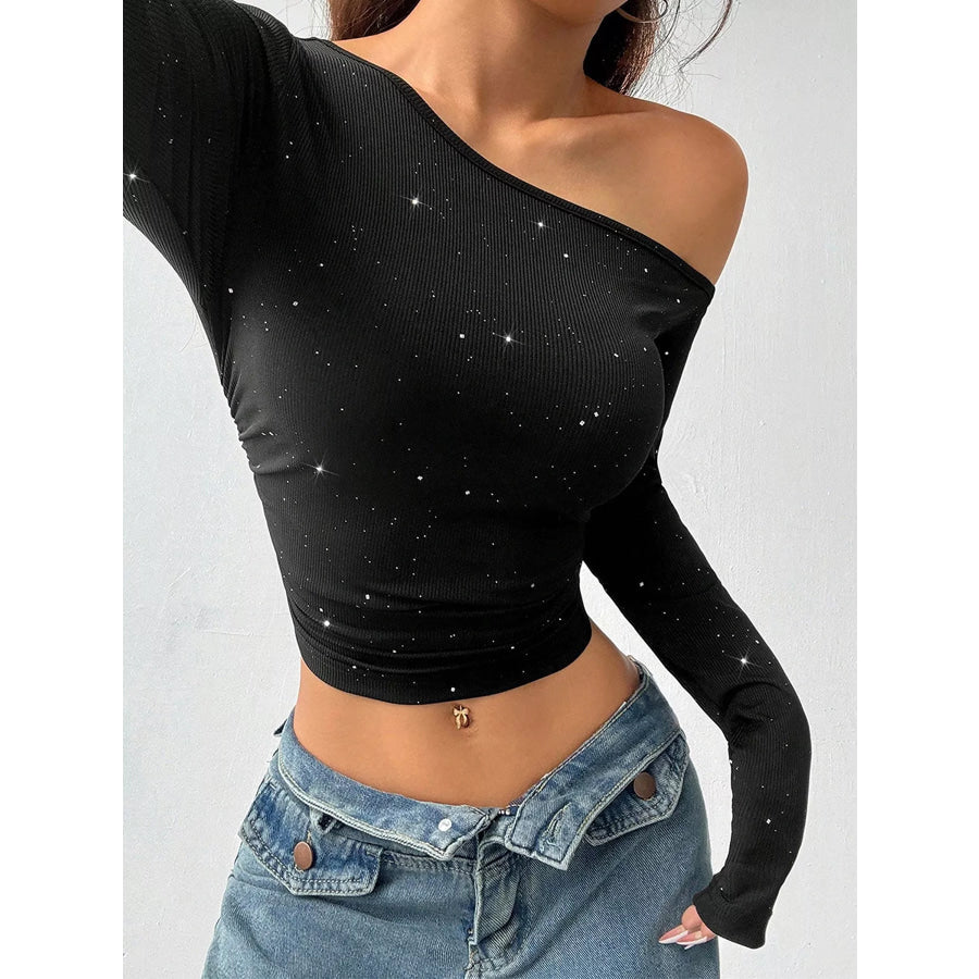 Glitter One-Shoulder Long Sleeve Crop T-Shirt Apparel and Accessories