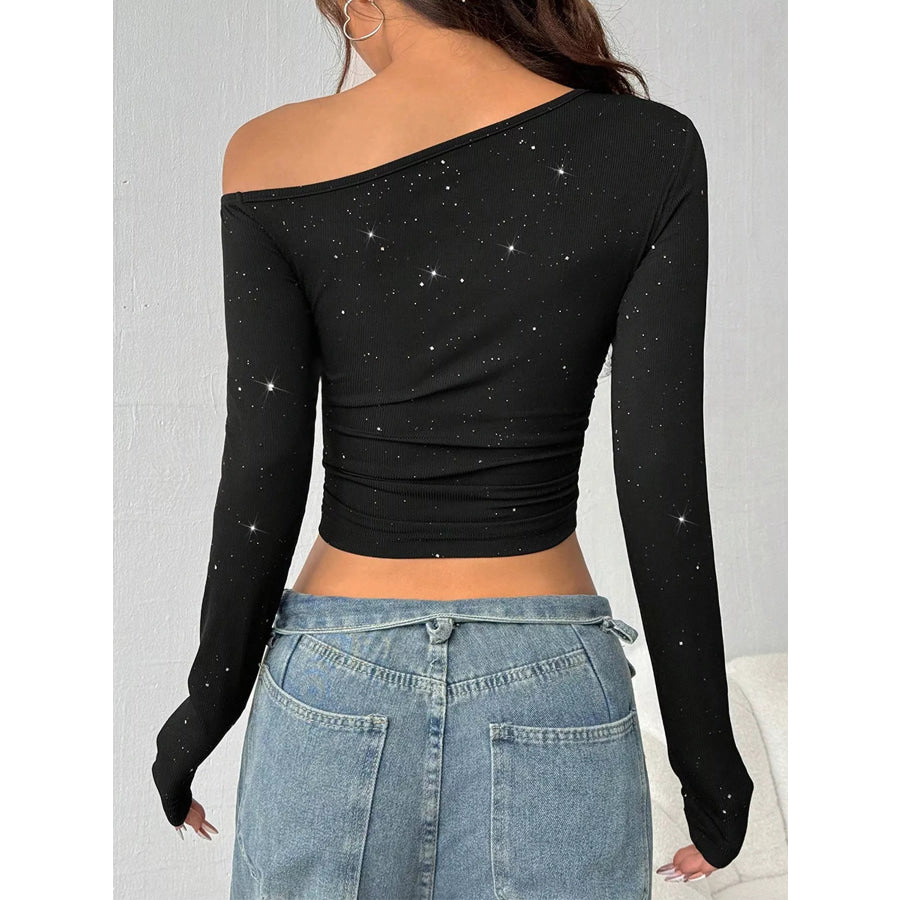 Glitter One-Shoulder Long Sleeve Crop T-Shirt Apparel and Accessories