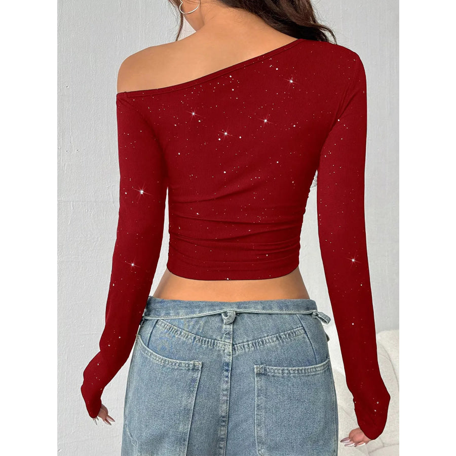 Glitter One-Shoulder Long Sleeve Crop T-Shirt Apparel and Accessories