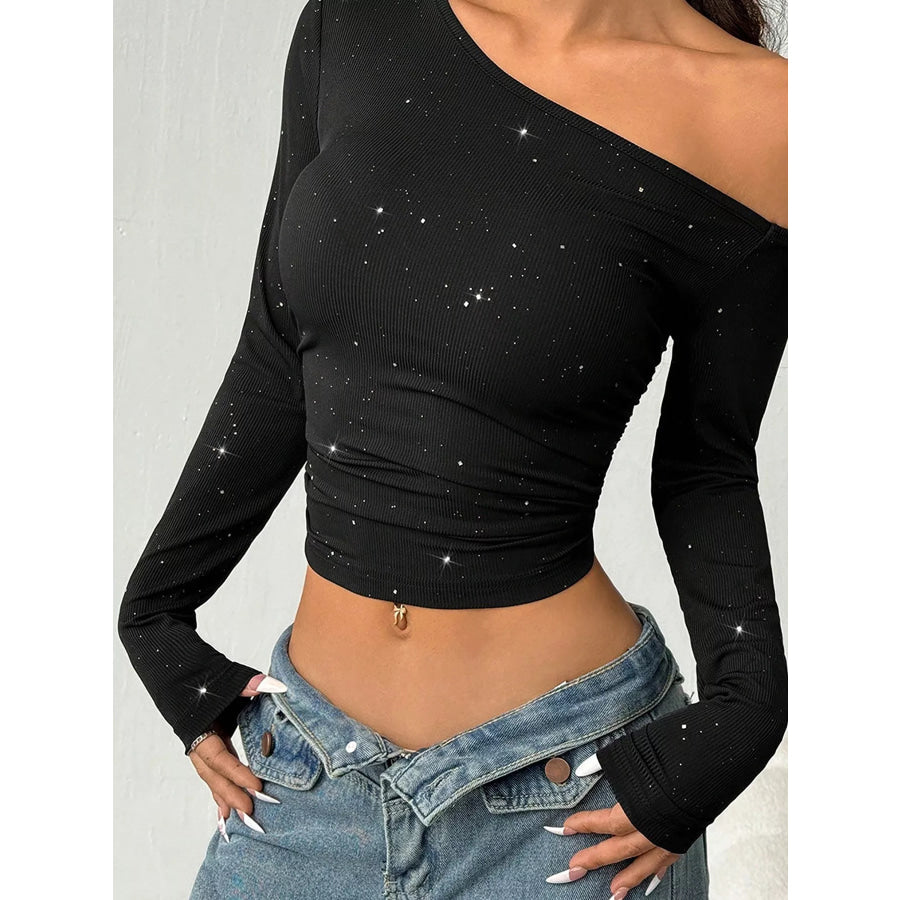 Glitter One-Shoulder Long Sleeve Crop T-Shirt Black / M Apparel and Accessories