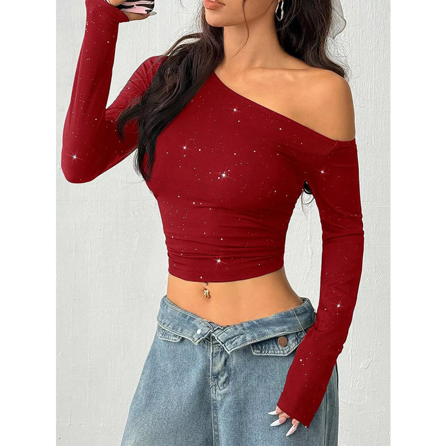 Glitter One-Shoulder Long Sleeve Crop T-Shirt Rust / M Apparel and Accessories