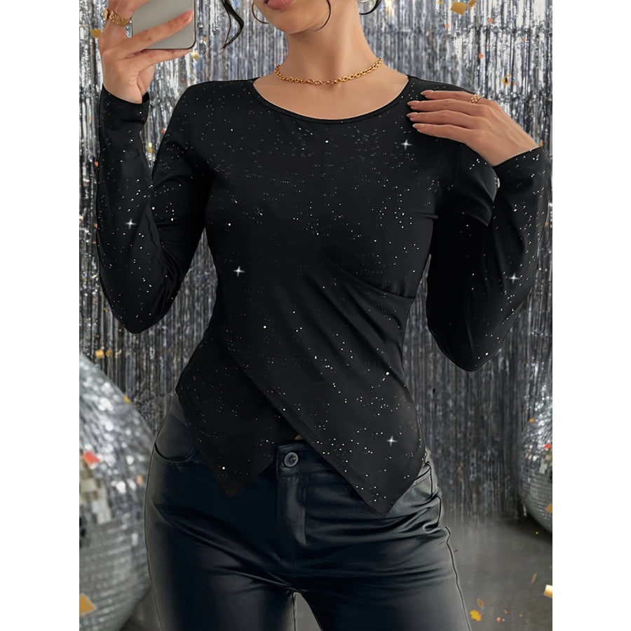 Glitter Round Neck Long Sleeve T-Shirt Apparel and Accessories