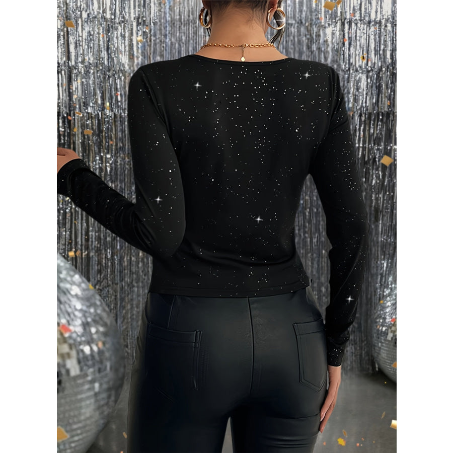 Glitter Round Neck Long Sleeve T-Shirt Apparel and Accessories