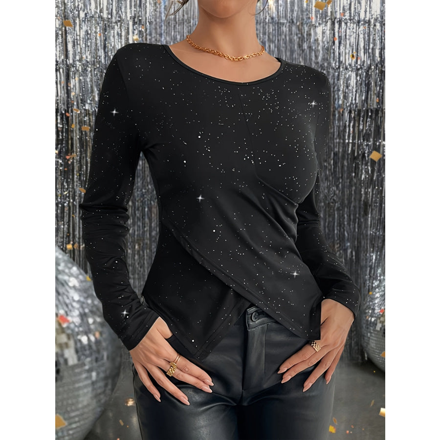 Glitter Round Neck Long Sleeve T-Shirt Apparel and Accessories