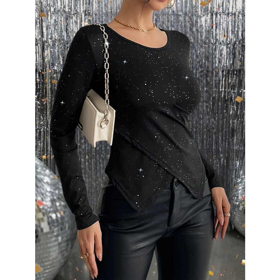 Glitter Round Neck Long Sleeve T-Shirt Apparel and Accessories