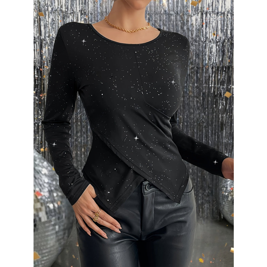 Glitter Round Neck Long Sleeve T-Shirt Black / S Apparel and Accessories