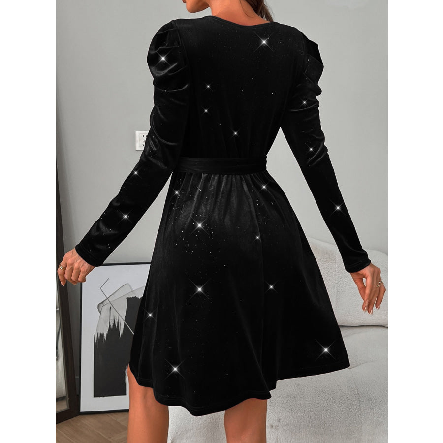 Glitter Round Neck Puff Sleeve Dress Apparel and Accessories