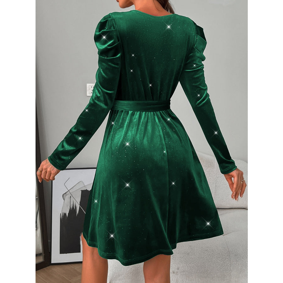 Glitter Round Neck Puff Sleeve Dress Apparel and Accessories