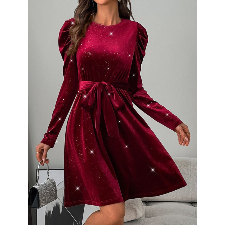 Glitter Round Neck Puff Sleeve Dress Apparel and Accessories