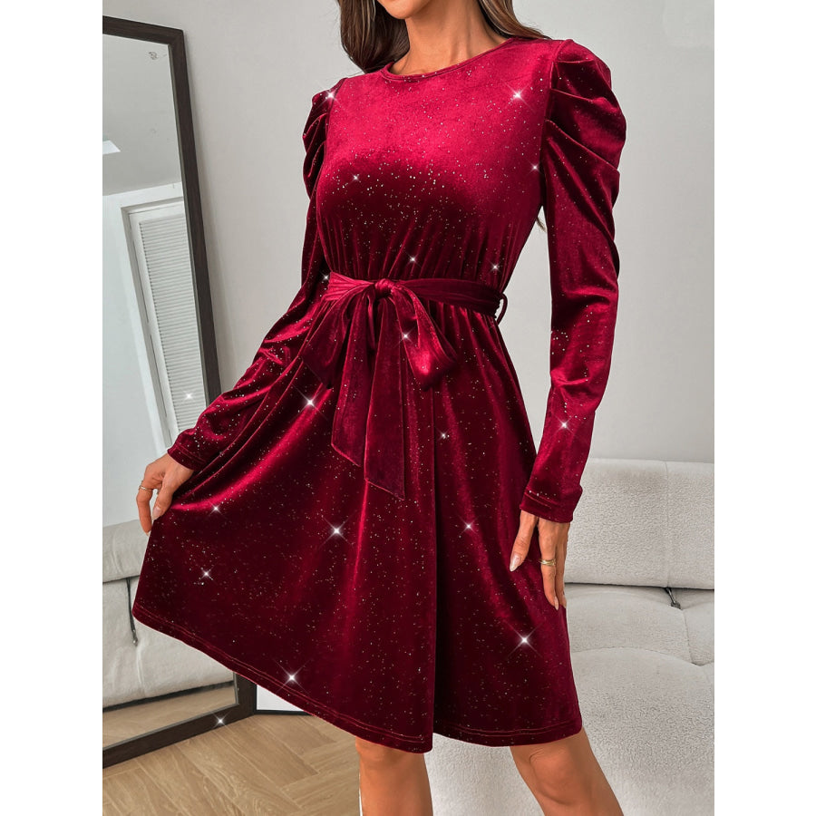 Glitter Round Neck Puff Sleeve Dress Apparel and Accessories