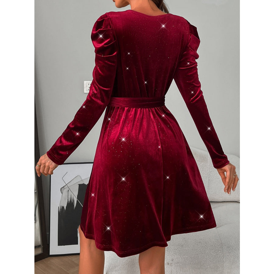 Glitter Round Neck Puff Sleeve Dress Apparel and Accessories